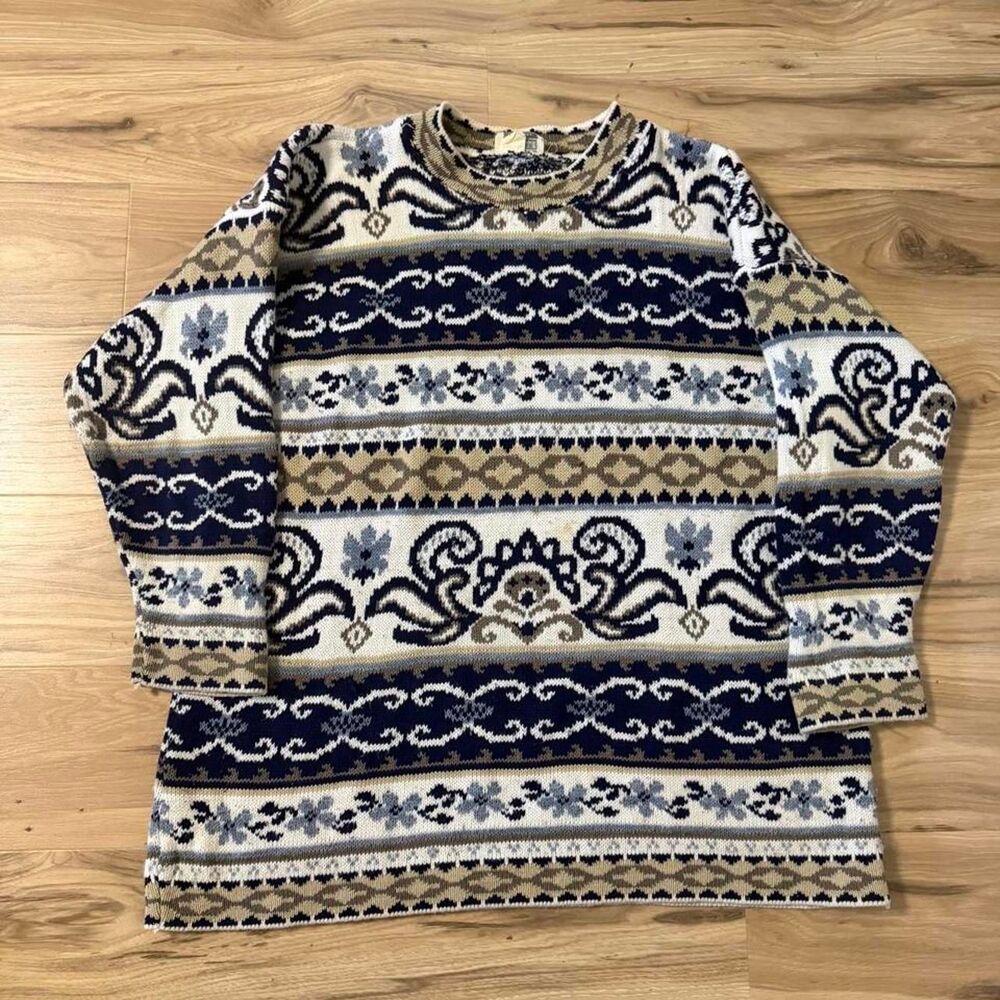 vintage 90s Arielle made in USA blue, beige geometric floral pattern sweater